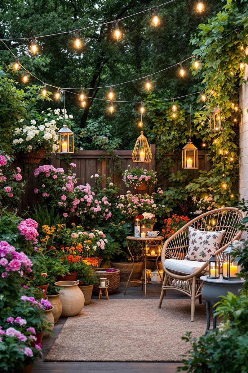 25 Unique Terrace Garden Ideas to Elevate Your Outdoor Space 35 candlelit evening garden with string lights and oversized lanterns 1
