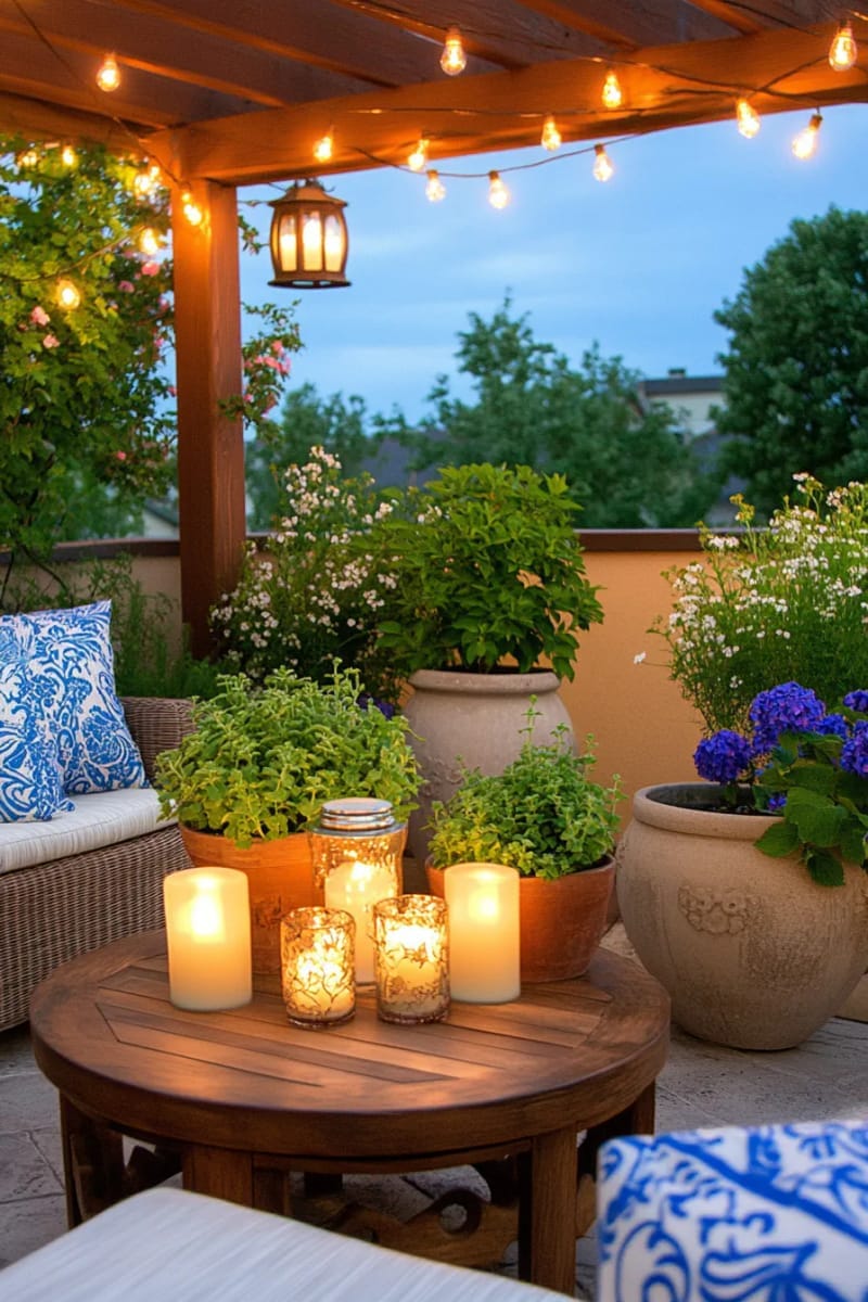 25 Unique Terrace Garden Ideas to Elevate Your Outdoor Space 36 candlelit evening garden with string lights and oversized lanterns 1