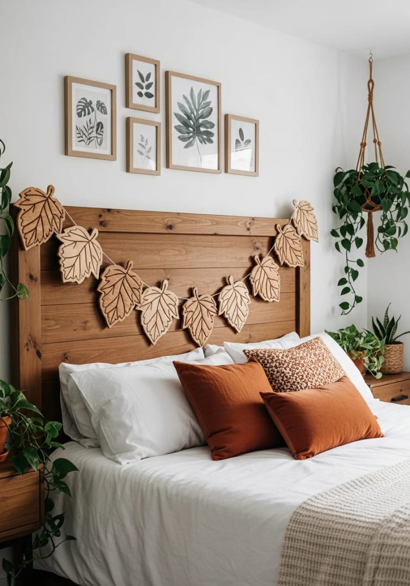 21 Cozy autumn bedroom decoration ideas for autumn 44 Carved wooden leaf garlands for a natural head part frame 1