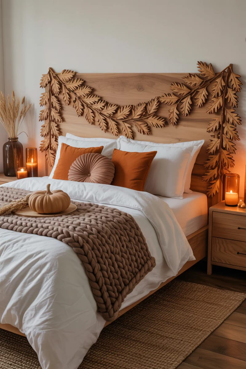 21 Cozy autumn bedroom decoration ideas for autumn 45 Carved wooden leaf garlands for a natural head part frame 1