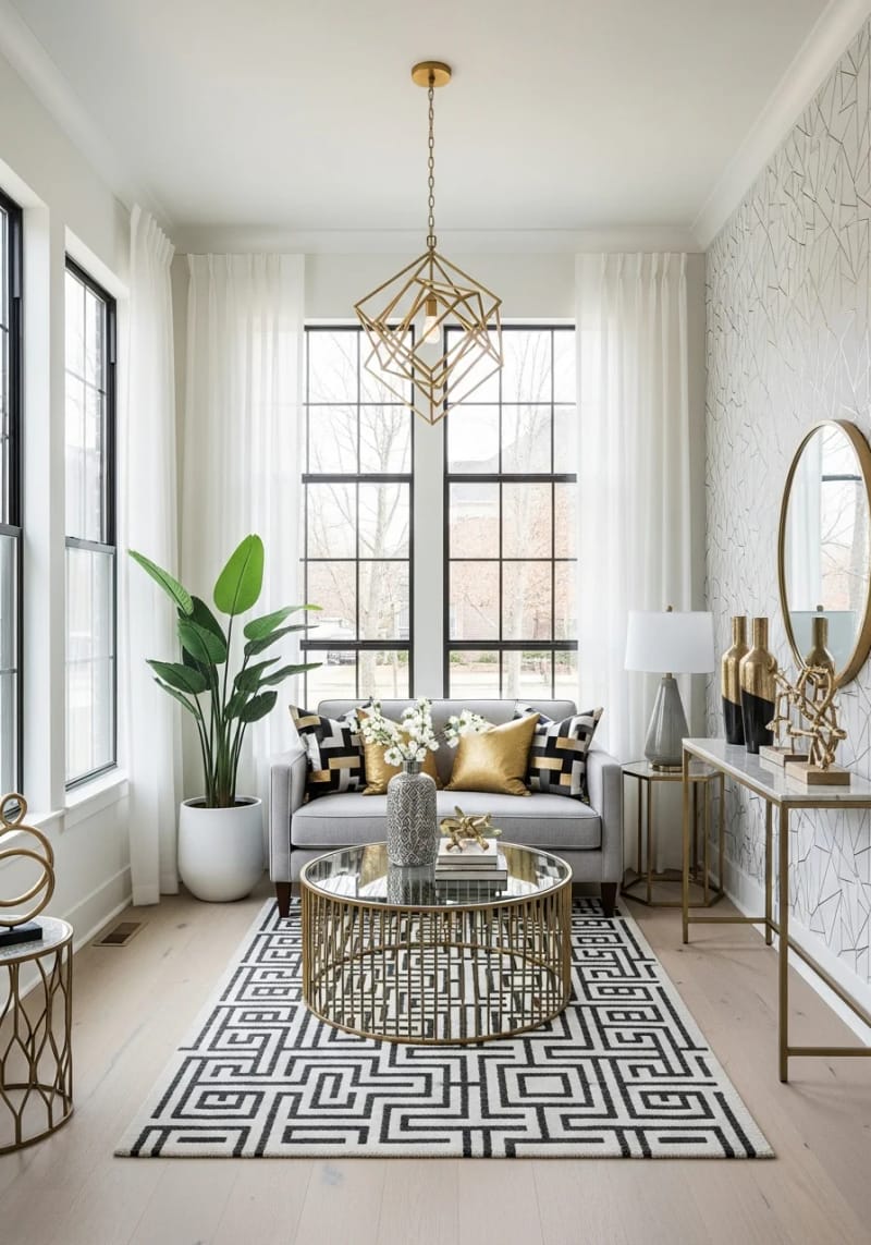 19 small conservatory ideas to open small rooms 43 Chic winter garden with geometric patterns and metallic accents 1