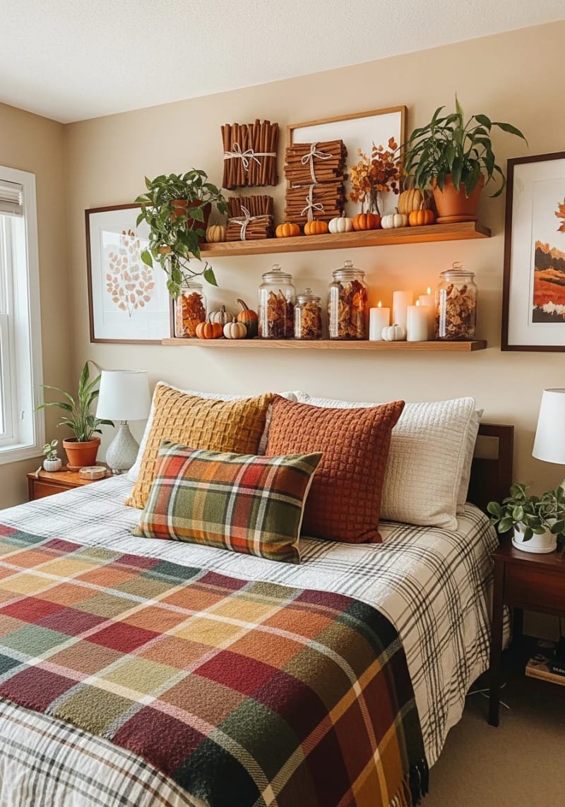 21 Cozy autumn bedroom decoration ideas for trying on 19. 19 Bound of cinnamon angles with cord for the shelf styling 1 bound