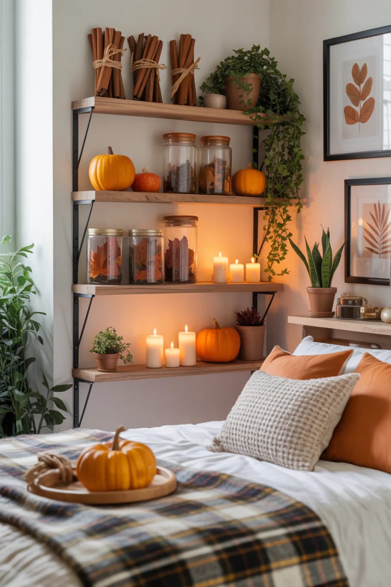 21 Cozy autumn bedroom decoration ideas to try 21 this autumn 21 Bound of cinnamon angles with cord for the shelf styling 1 bound