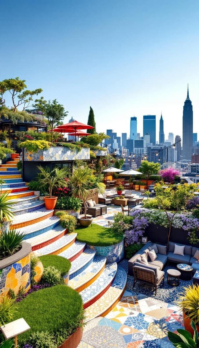 23 verträumte Dachterrasse Designs für modernes Outdoor -Leben 56 Bunte Mosaik-Treppen, die mehrstufige Dachgärten verbinden 1