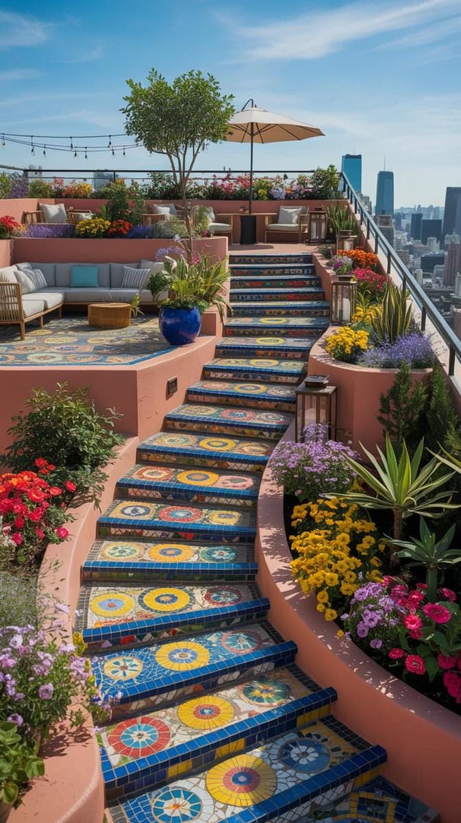 23 verträumte Dachterrasse Designs für modernes Leben im Freien 57 Bunte Mosaik-Treppen, die mehrstufige Dachgärten verbinden 1