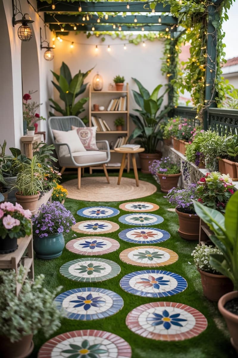 25 Unique Terrace Garden Ideas to Elevate Your Outdoor Space 21 colorful mosaic stepping stones leading to a cozy reading nook 1