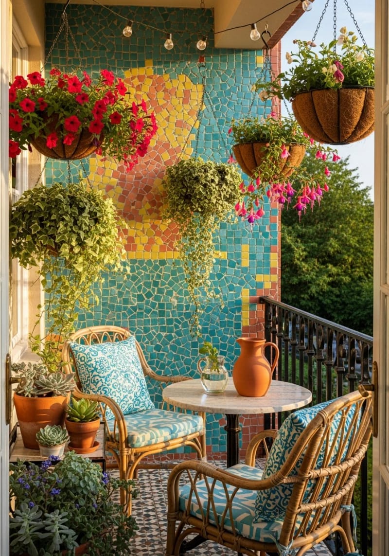 15 unique balcony with hanging plants for urban rooms 26 Colorful mosaic wall with living flowering pendant baskets 1