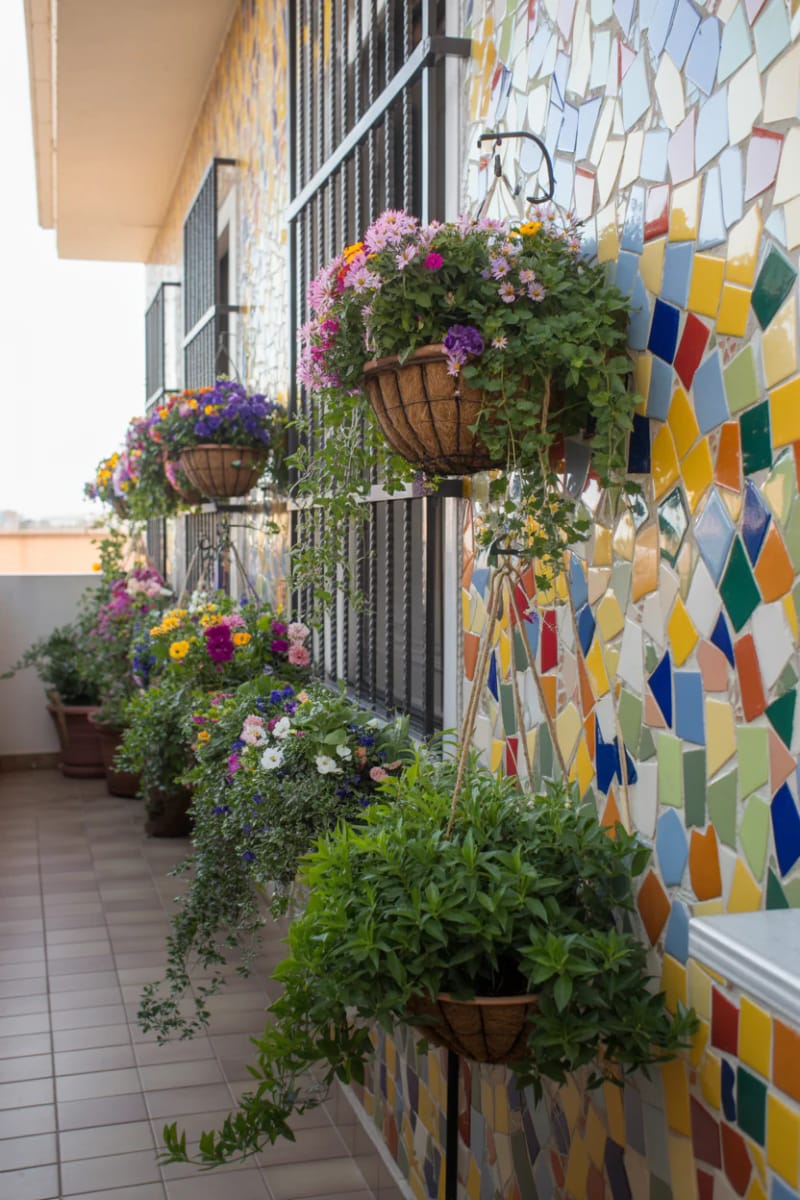 15 unique balcony with hanging plants for urban rooms 27 Colorful mosaic wall with living flowering pendant baskets 1