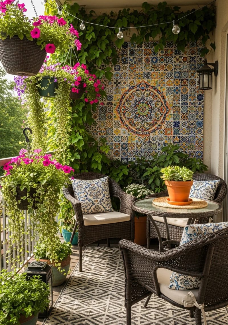 15 unique balcony with hanging plants for urban rooms 28 Colorful mosaic wall with living flowering pendant baskets 1