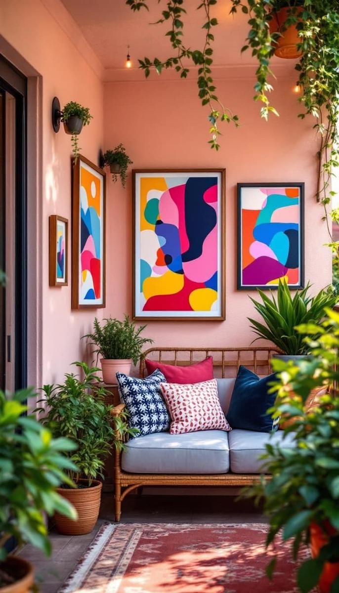 21 stylish apartment balcony this season 27 Colorful outdoor gallery wall with weatherproof frame and abstract art 1