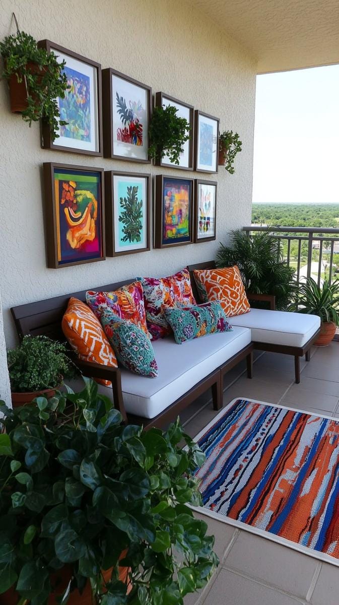 21 stylish apartment balcony this season 28 Colorful outdoor gallery wall with weatherproof frame and abstract art 1