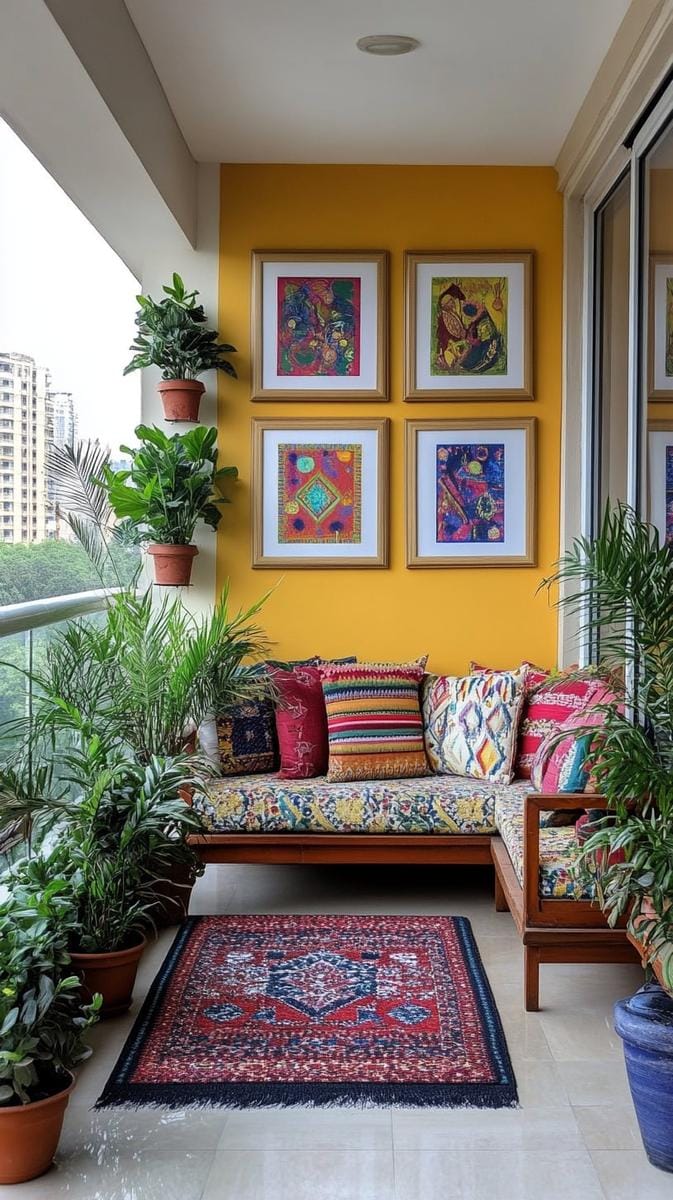 21 stylish apartment balcony this season 29 Colorful outdoor gallery wall with weatherproof frame and abstract art 1