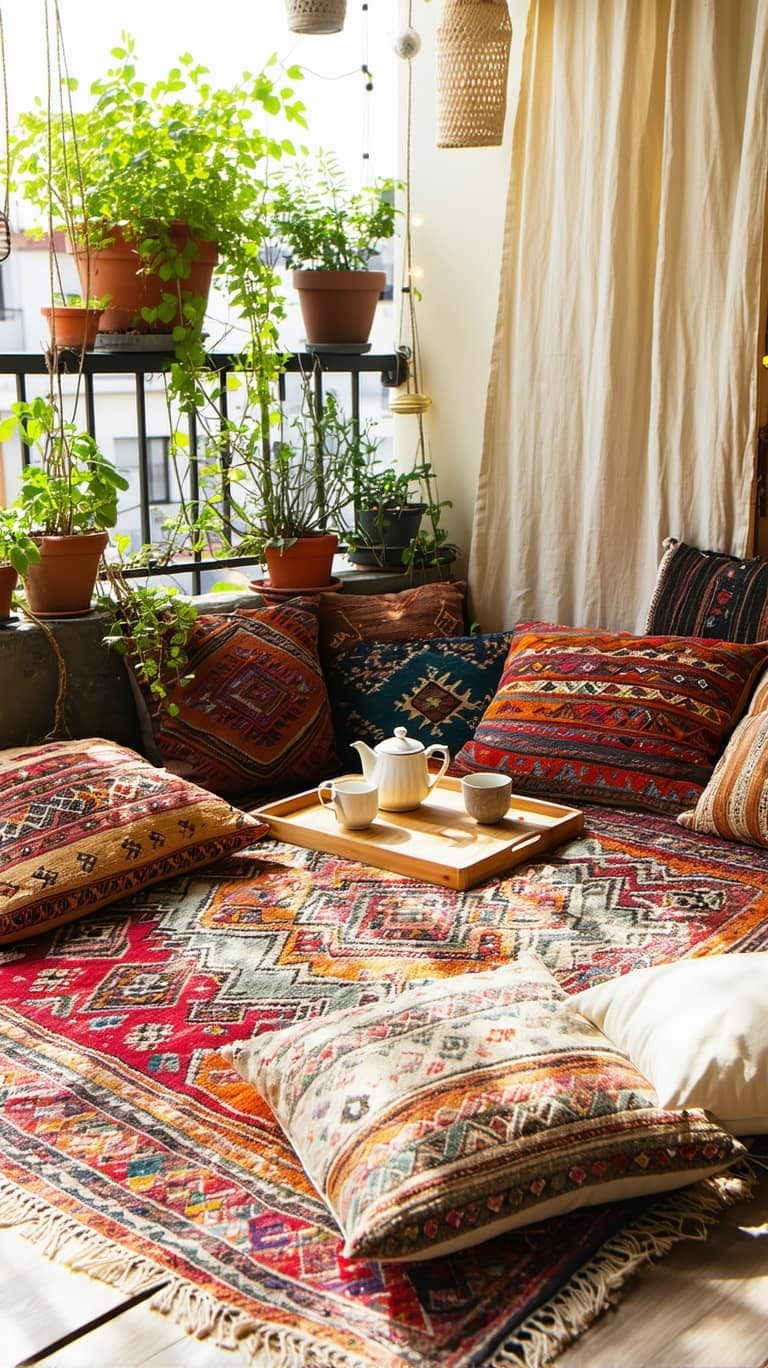 25 gemütliche kleine Balkondesign -Ideen, um Ihren Raum zu erhöhen 21 Kompakter Außenteppich und geschichtete Bodenkissen für einen Boho -Flucht 1