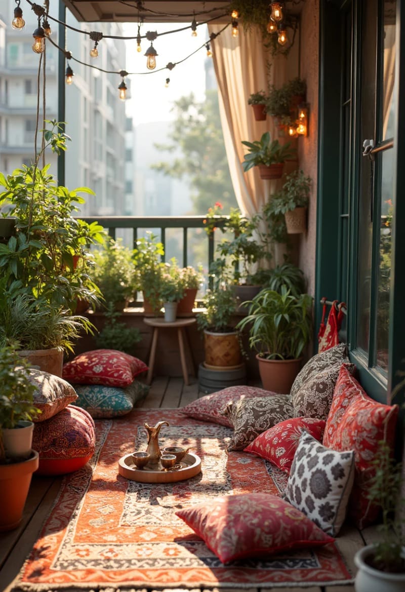25 gemütliche kleine Balkondesign -Ideen, um Ihren Raum zu erhöhen 22 Kompakter Außenteppich und geschichtete Bodenkissen für einen Boho -Flucht 1