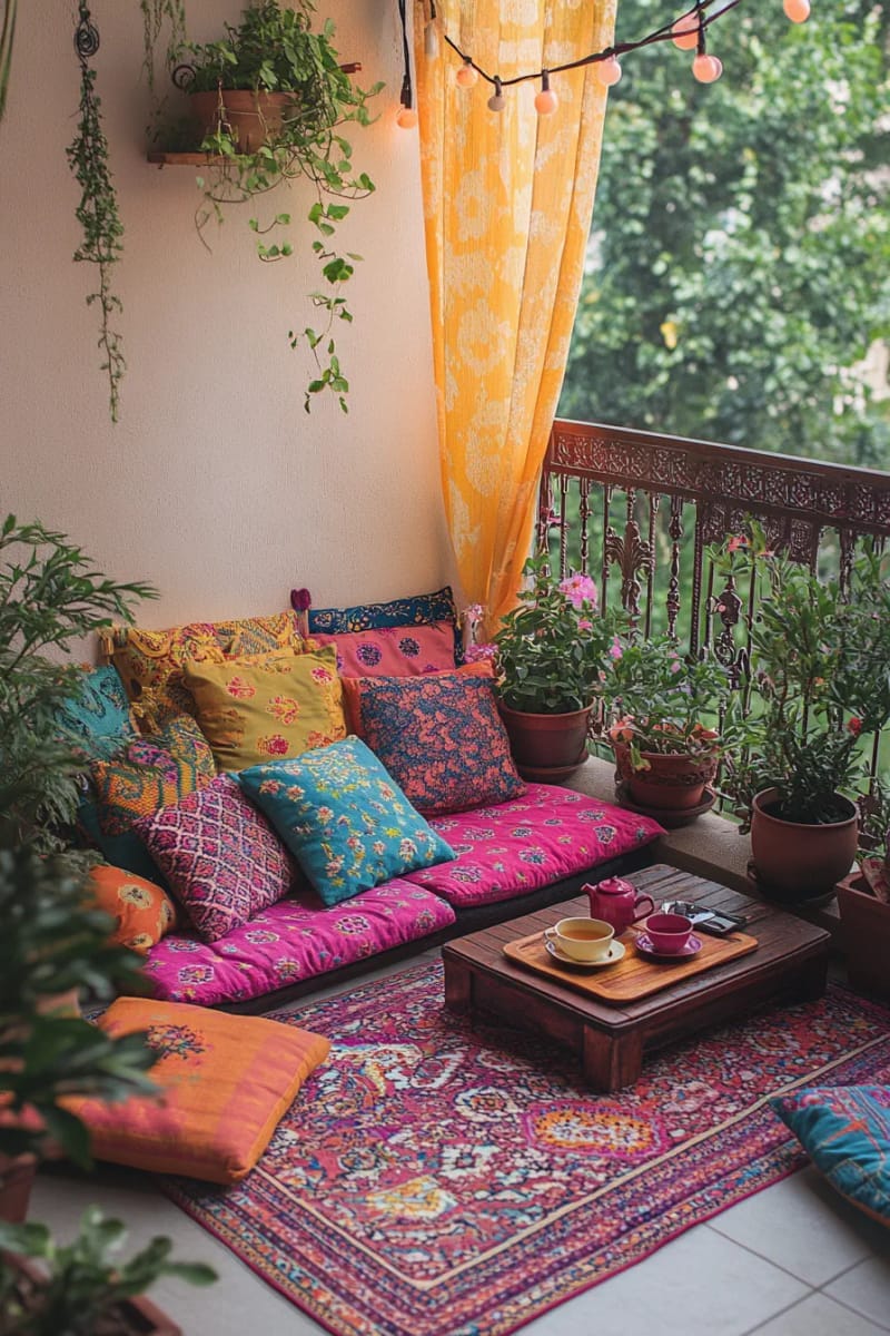 25 gemütliche kleine Balkondesign -Ideen, um Ihren Raum zu erhöhen 23 Kompakter Außenteppich und geschichtete Bodenkissen für einen Boho -Flucht 1
