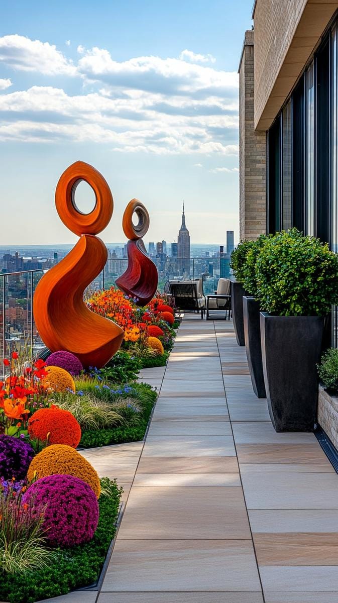 23 verträumte Dachterrasse -Designs für modernes Leben im Freien 35 Skulpturenweg der zeitgenössischen Kunst, umgeben von einheimischen Wildblumen 1