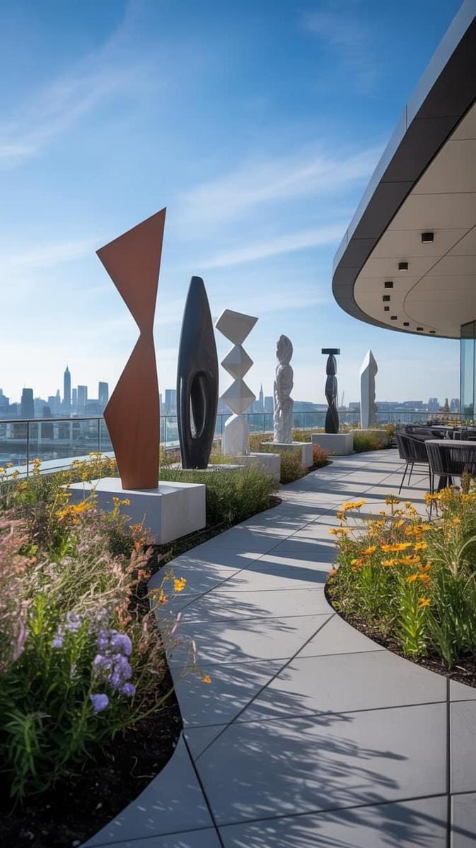 23 verträumte Dachterrasse Designs für modernes Leben im Freien 36 36 Skulpturenweg der zeitgenössischen Kunst, umgeben von einheimischen Wildblumen 1