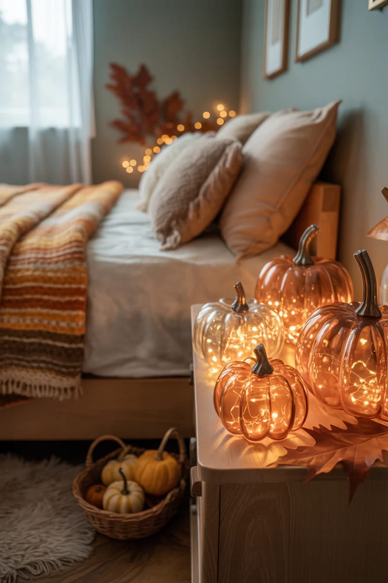 21 Cozy autumn bedroom decoration ideas to try this autumn 51 Copper fairy lights in clear glass pumpkins 1