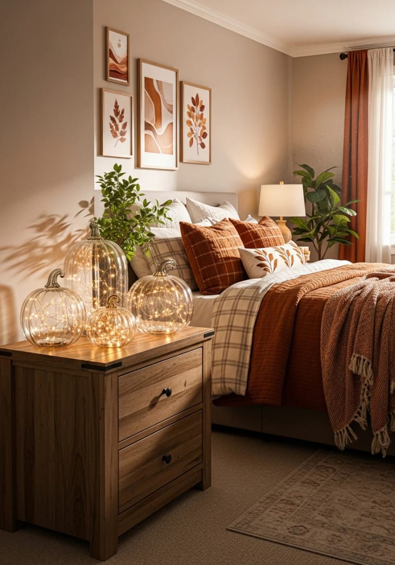 21 Cozy autumn bedroom decoration ideas to try this autumn 52 Copper fairy lights in clear glass pumpkins 1