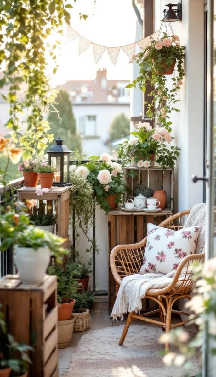 21 stylish apartment balcony this season 47 Cottagecore balcony with soft flowers, lace radio and rustic wooden boxes 1