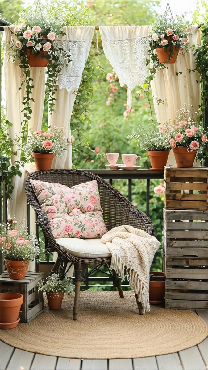21 stylish apartment balcony this season 48 Cottagecore balcony with soft flowers, lace radio and rustic wooden boxes 1