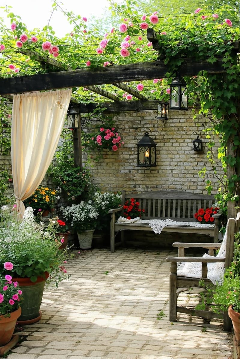 25 Unique Terrace Garden Ideas to Elevate Your Outdoor Space 43 cottagecore terrace with climbing roses and rustic wooden benches 1