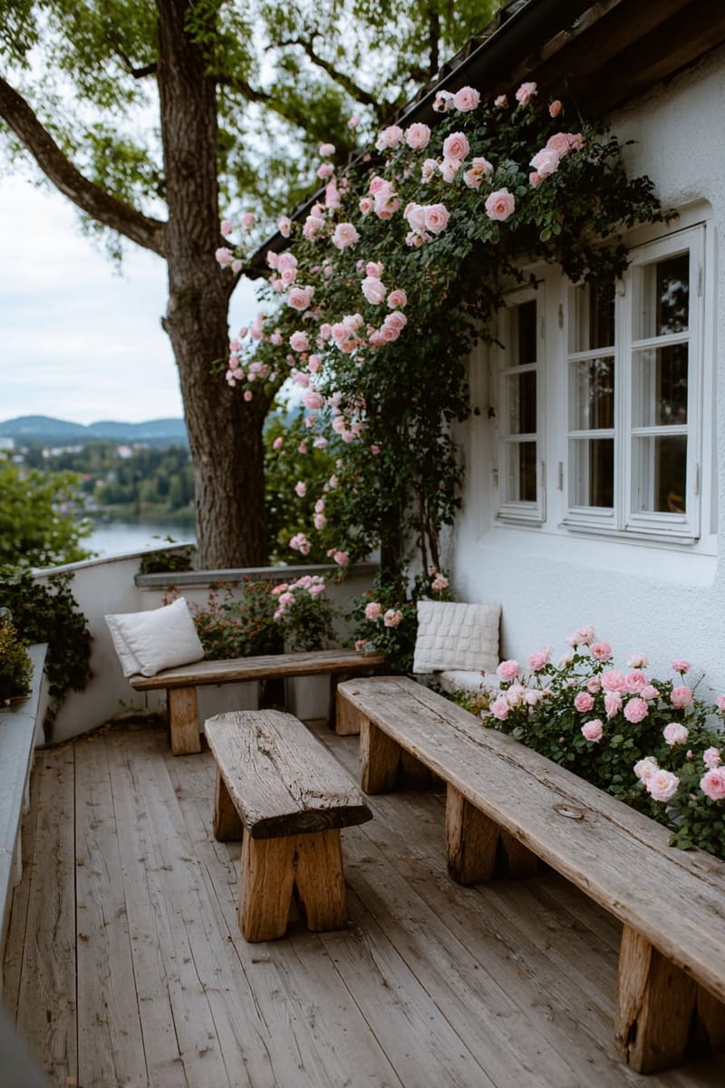 25 Unique Terrace Garden Ideas to Elevate Your Outdoor Space 44 cottagecore terrace with climbing roses and rustic wooden benches 1
