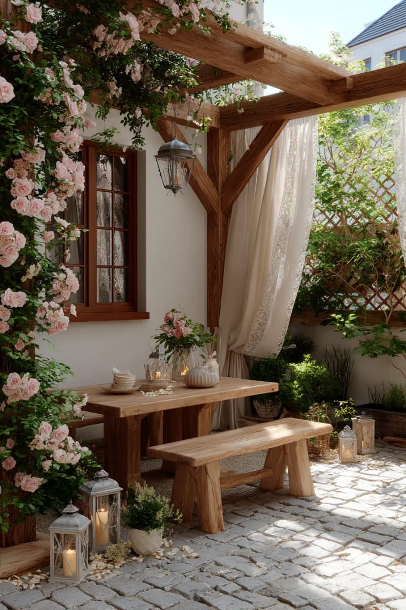 25 Unique Terrace Garden Ideas to Elevate Your Outdoor Space 45 cottagecore terrace with climbing roses and rustic wooden benches 1