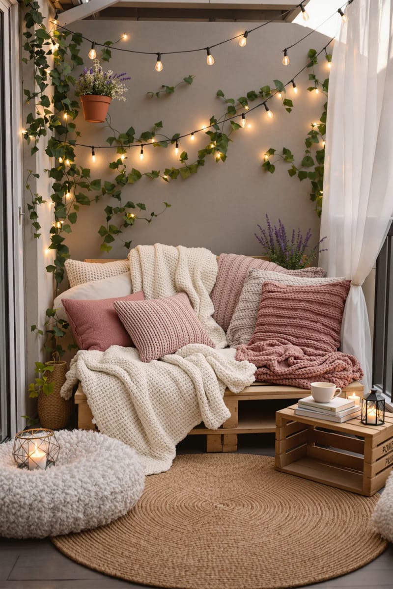 25 atemberaubende Balkondekorationsideen für moderne Räume 20 Gemütliche Ecke Ecke mit Palettensofa und verträumten Wurfdecken 1