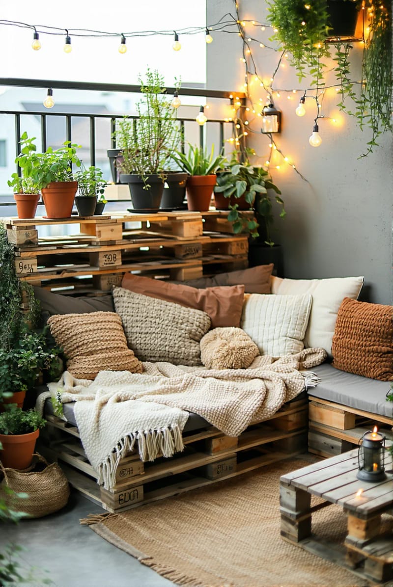 25 atemberaubende Balkondekorationsideen für moderne Räume 21 Gemütliche Ecke Ecke mit Palettensofa und verträumten Wurfdecken 1