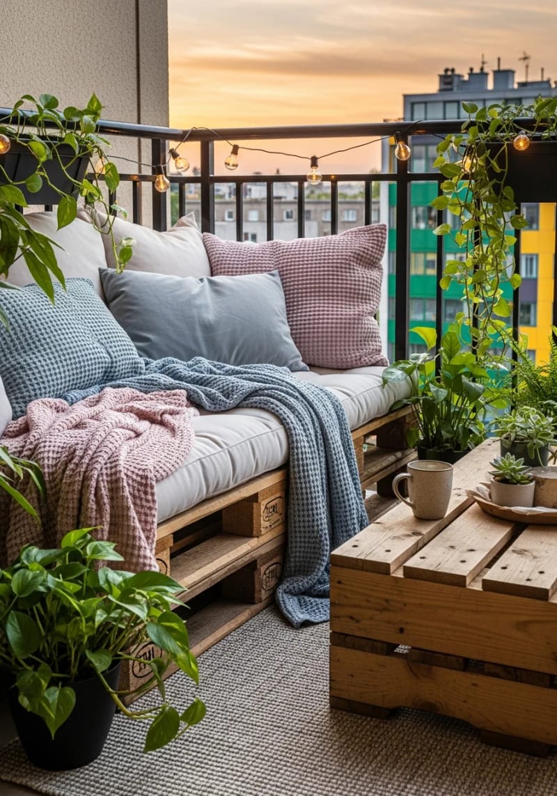 25 atemberaubende Balkondekorationsideen für moderne Räume 22 Gemütliche Ecke Ecke mit Palettensofa und verträumten Wurfdecken 1