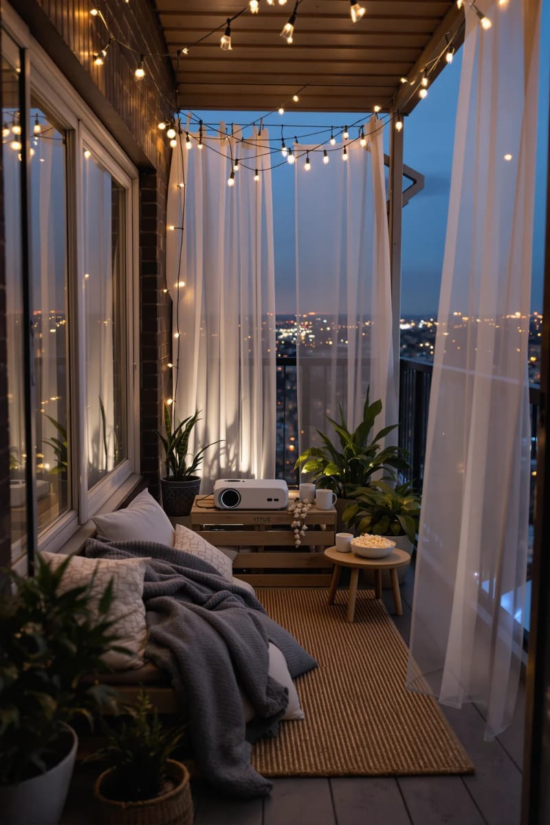 25 gemütliche kleine Balkondesign -Ideen, um Ihren Raum zu erhöhen 61 Gemütliche Outdoor -Filmseok mit einem kleinen Projektor und Softdecken 1