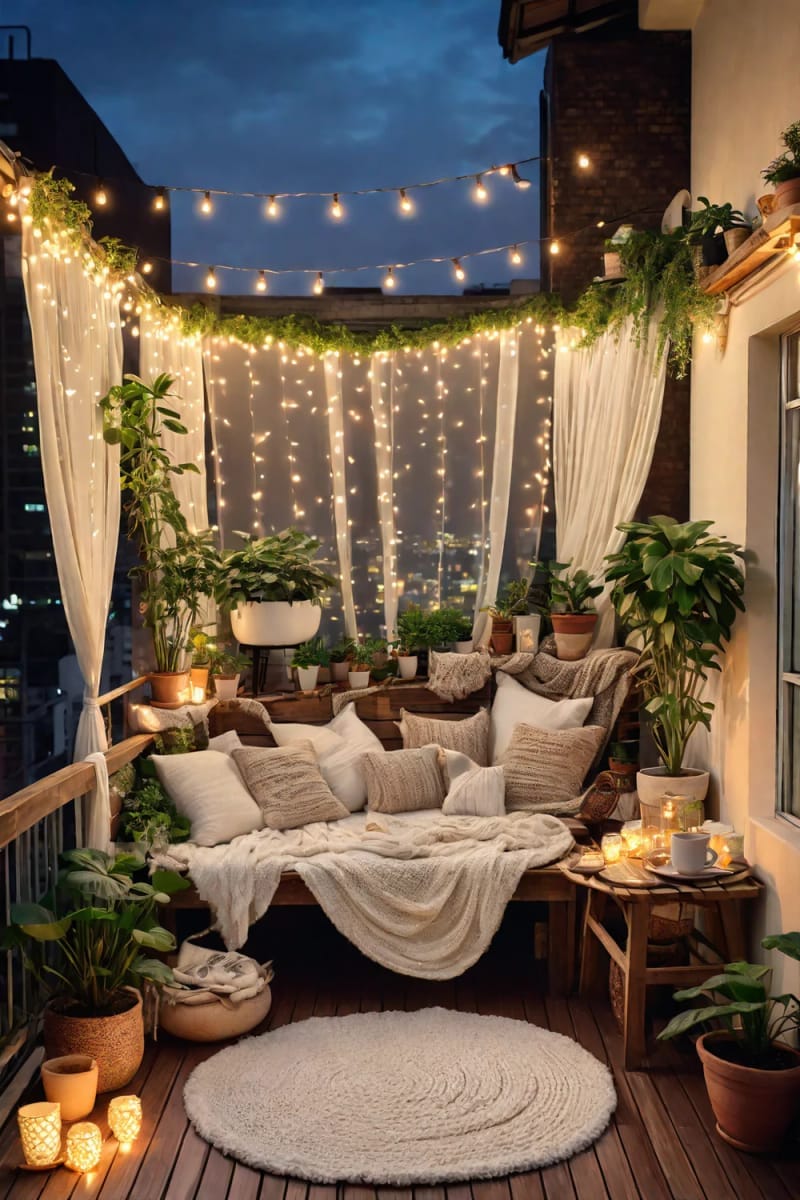 25 gemütliche kleine Balkondesign -Ideen, um Ihren Raum zu erhöhen 62 Gemütliche Outdoor -Filmseok mit einem kleinen Projektor und Softdecken 1