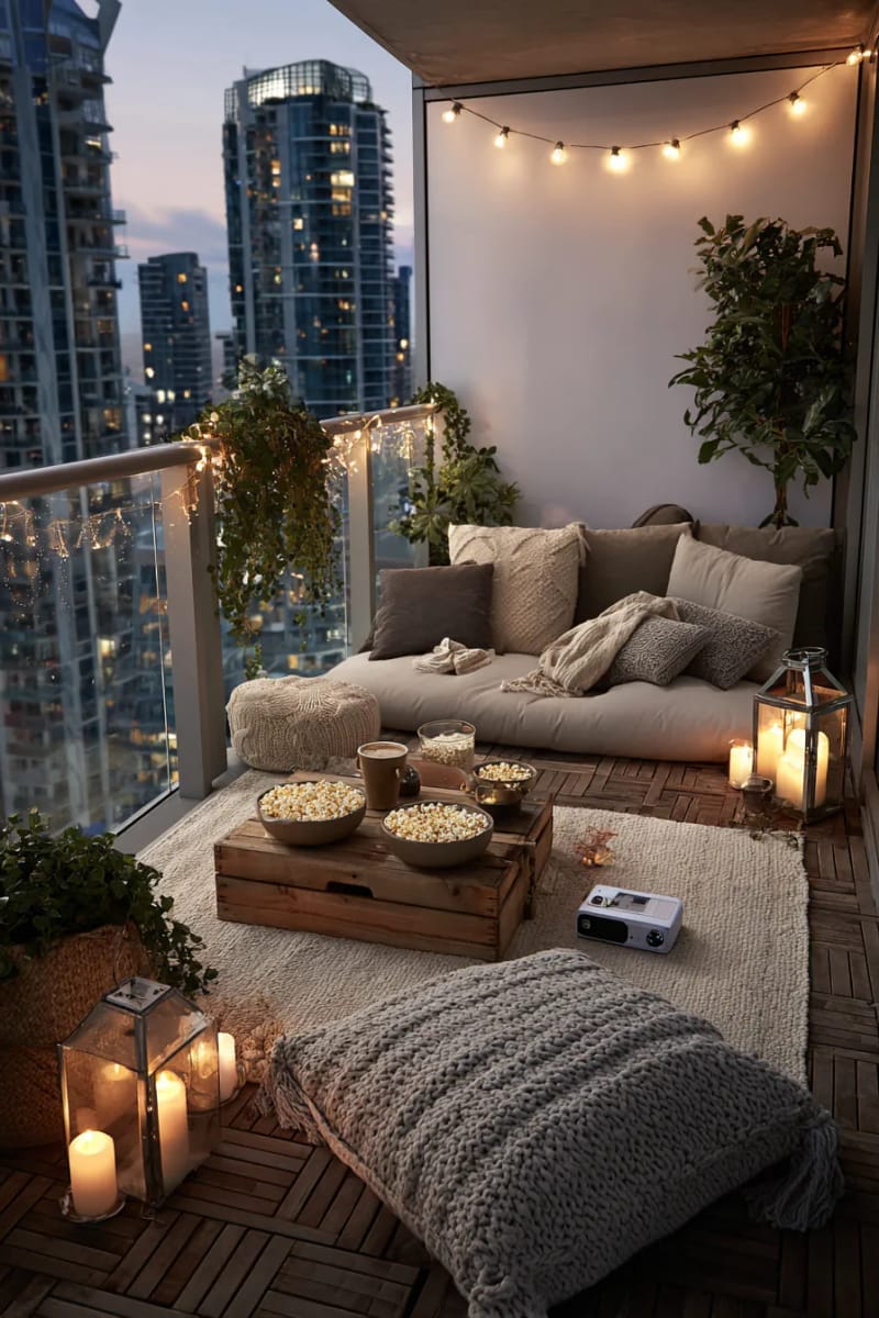 25 gemütliche kleine Balkondesign -Ideen, um Ihren Raum zu erhöhen 63 Gemütliche Outdoor -Filmseok mit einem kleinen Projektor und Softdecken 1