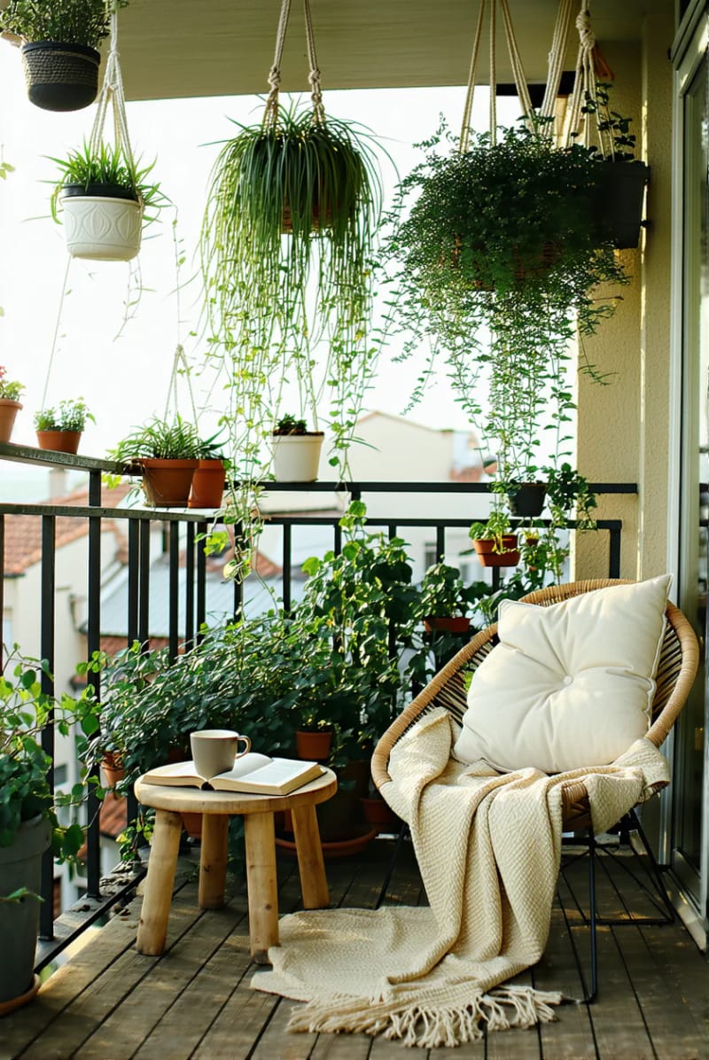 15 unique balcony with hanging plants for urban rooms 16 Cozy reading ceiling of lavishly hanging spider plants 1 surrounded