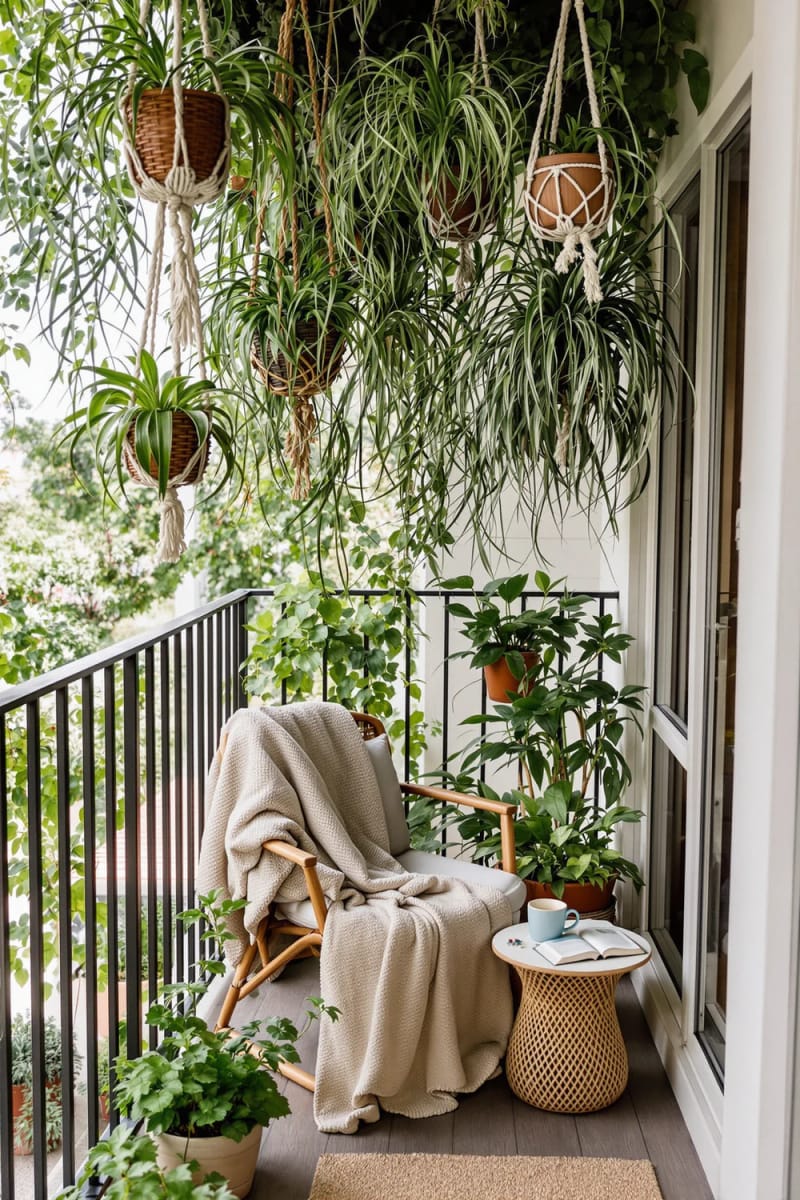 15 unique balcony with hanging plants for urban rooms 17 Cozy reading ceiling of lavishly hanging spider plants 1 surrounded