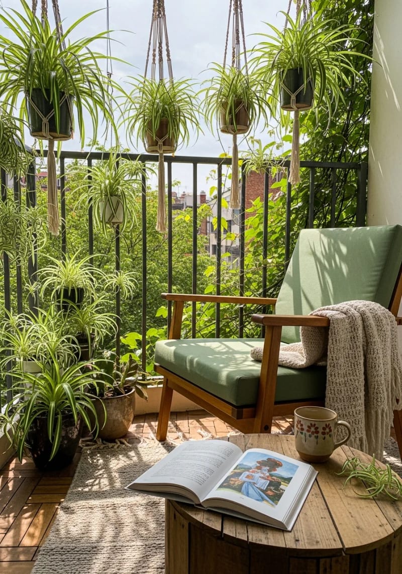 15 unique balcony with hanging plants for urban rooms 18 Cozy reading ceiling of lavishly hanging spider plants 1 surrounded