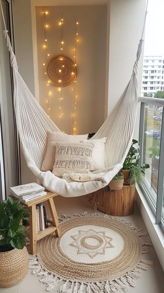21 stylish apartment balcony this season 16 Cozy reading with a hammock chair, fairy lights and layered carpets 1