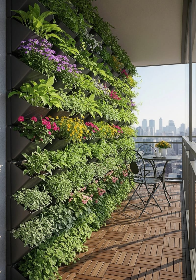 19 breathtaking urban garden balcony for a stylish outside area 3 Create a lush wall of vertical planters with cascading green and flowers 1