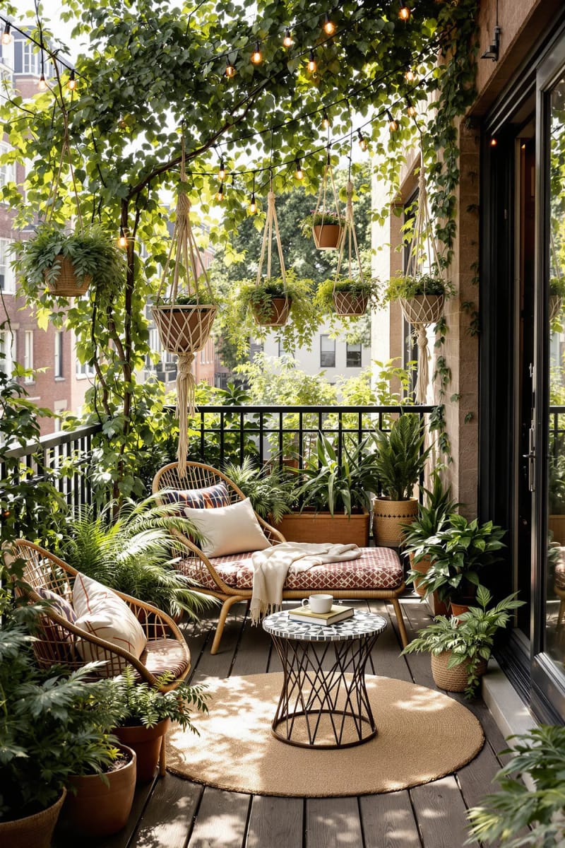 19 breathtaking urban garden balcony for a stylish outdoor area 17 17 Decorate with Boho pillow and pot ferns for a cozy green escape 1