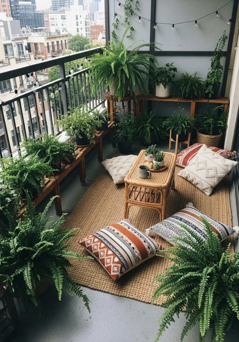 19 breathtaking urban garden balcony for a stylish outdoor area 18 18 Decorate with Boho pillow and pot ferns for a cozy green escape 1