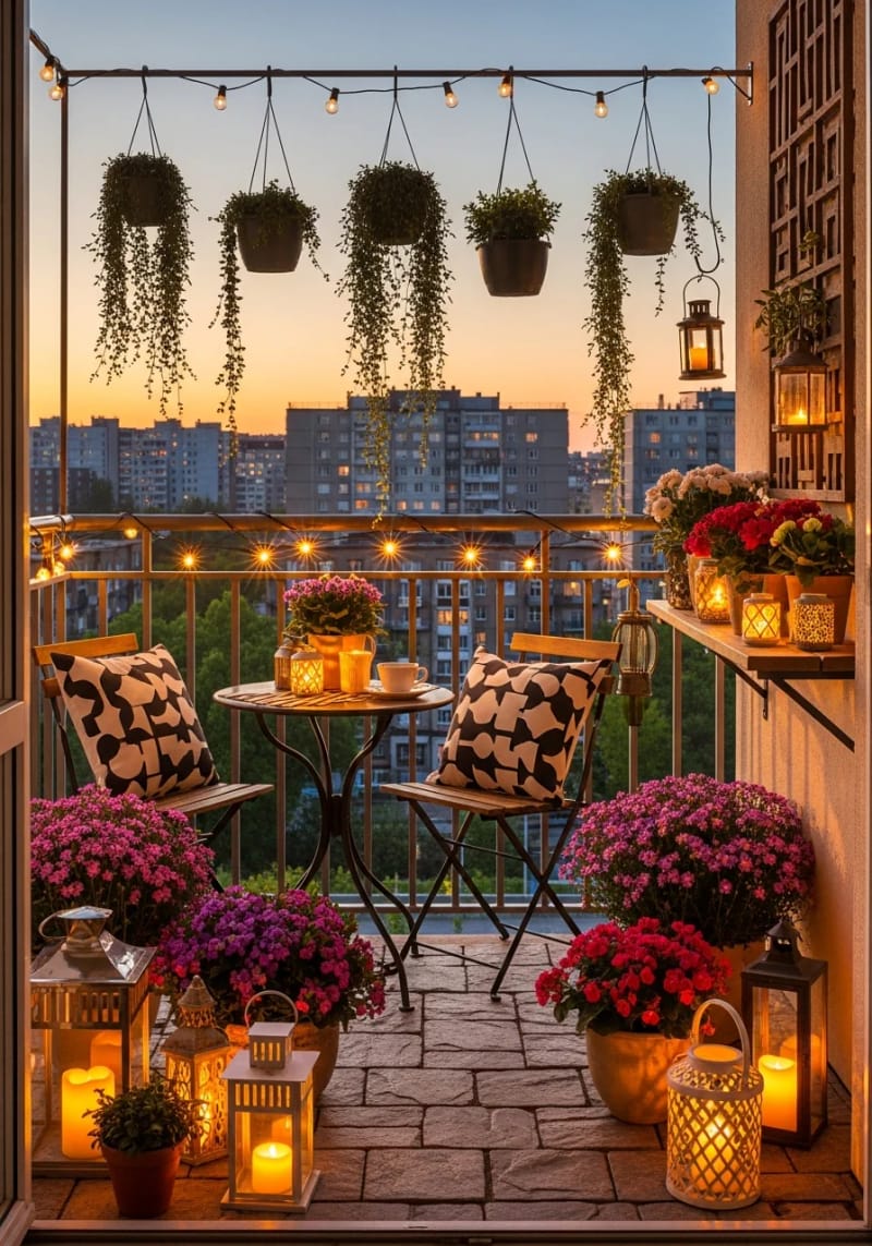 19 breathtaking urban garden balcony for a stylish outdoor area 46 Decorate with lanterns and lush balcony hanging plants for magical evenings 1