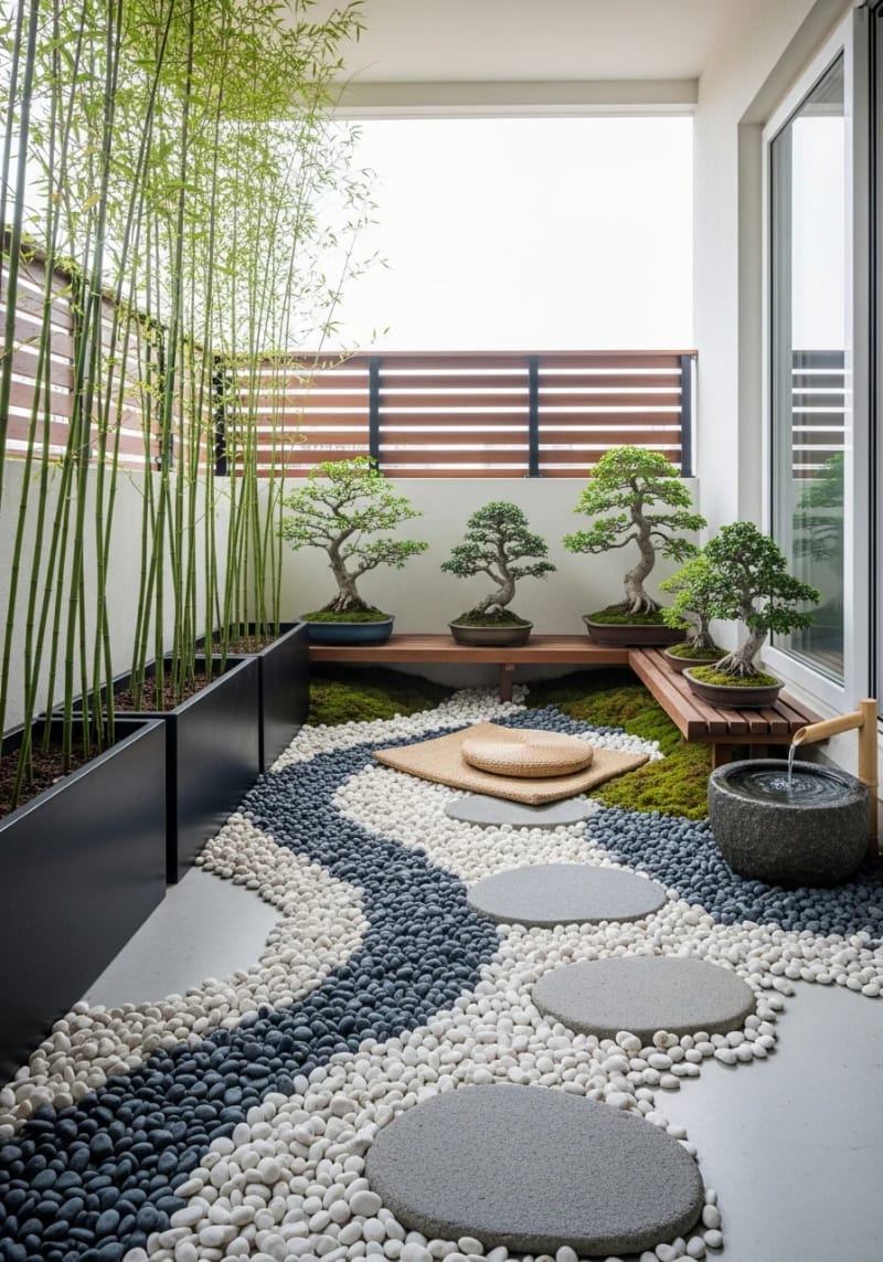 19 breathtaking urban garden balcony for a stylish outside area 32 32 Design a balcony with bamboo, pebbles and bonsai trees 1