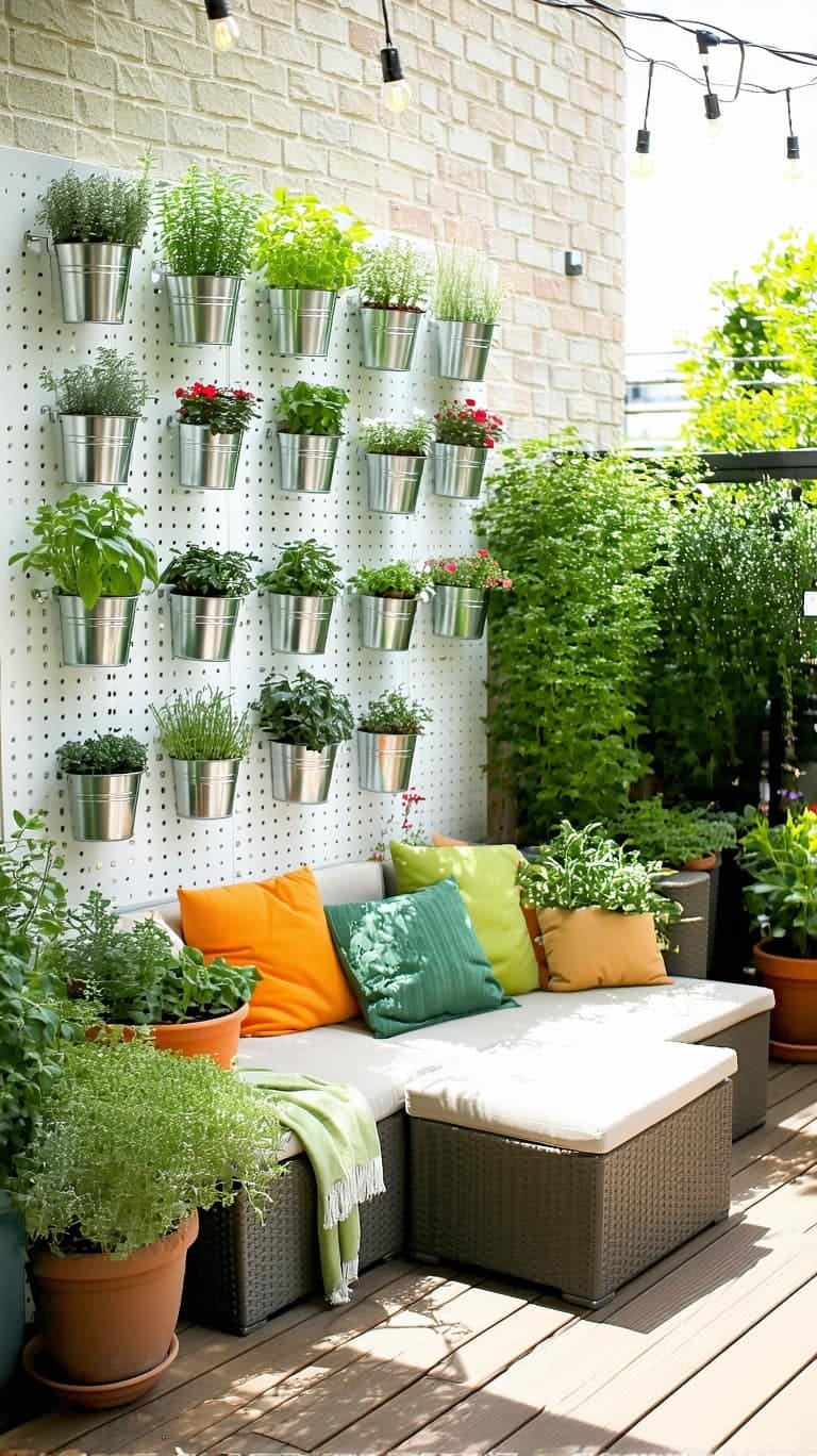 25 Unique Terrace Garden Ideas to Elevate Your Outdoor Space 49 diy herb wall using metal buckets and a pegboard 1