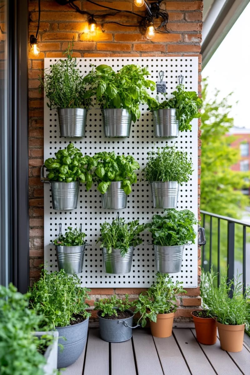 25 Unique Terrace Garden Ideas to Elevate Your Outdoor Space 50 diy herb wall using metal buckets and a pegboard 1