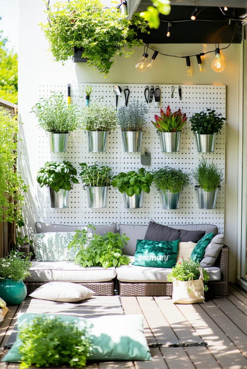 25 Unique Terrace Garden Ideas to Elevate Your Outdoor Space 51 diy herb wall using metal buckets and a pegboard 1