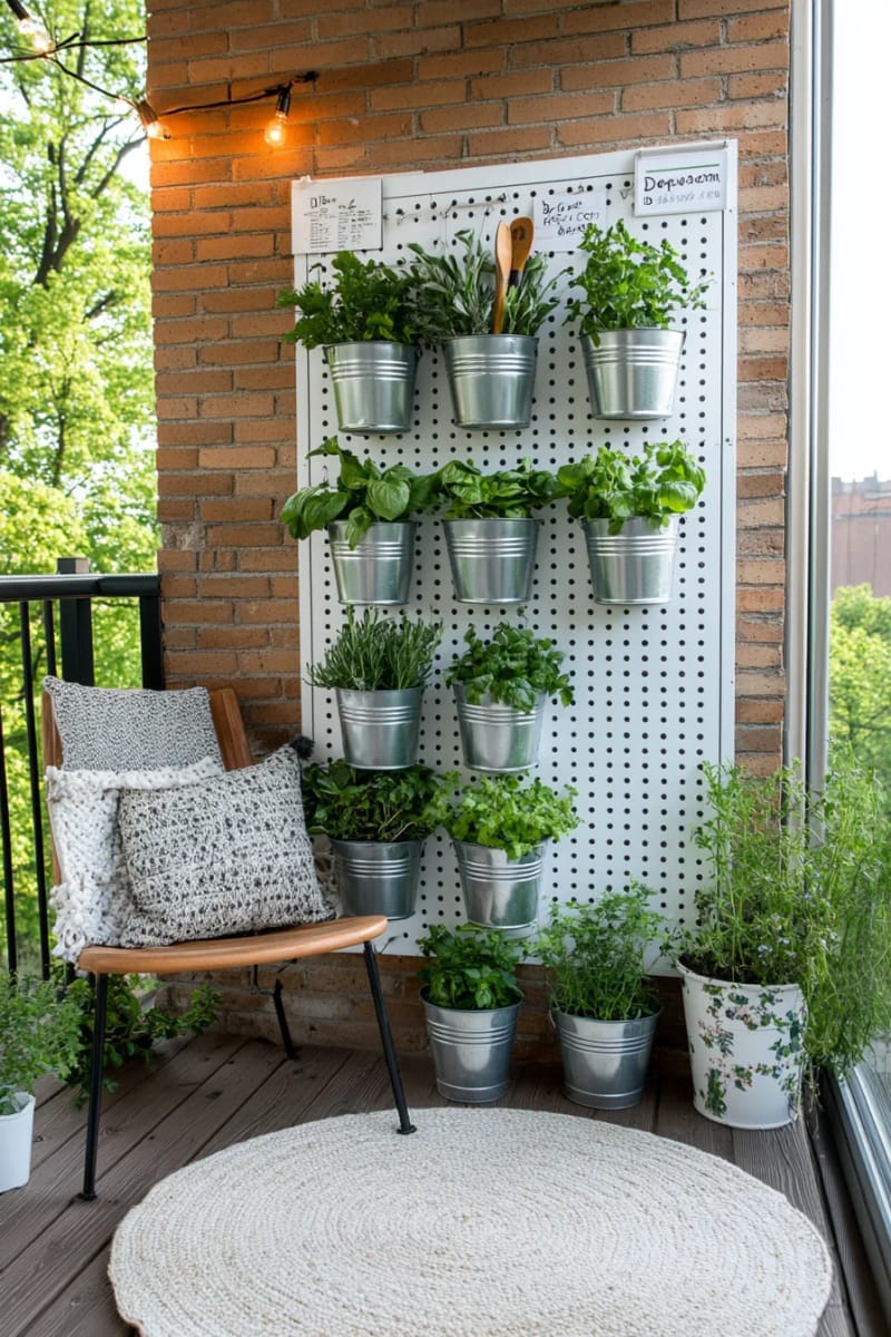 25 Unique Terrace Garden Ideas to Elevate Your Outdoor Space 52 diy herb wall using metal buckets and a pegboard 1