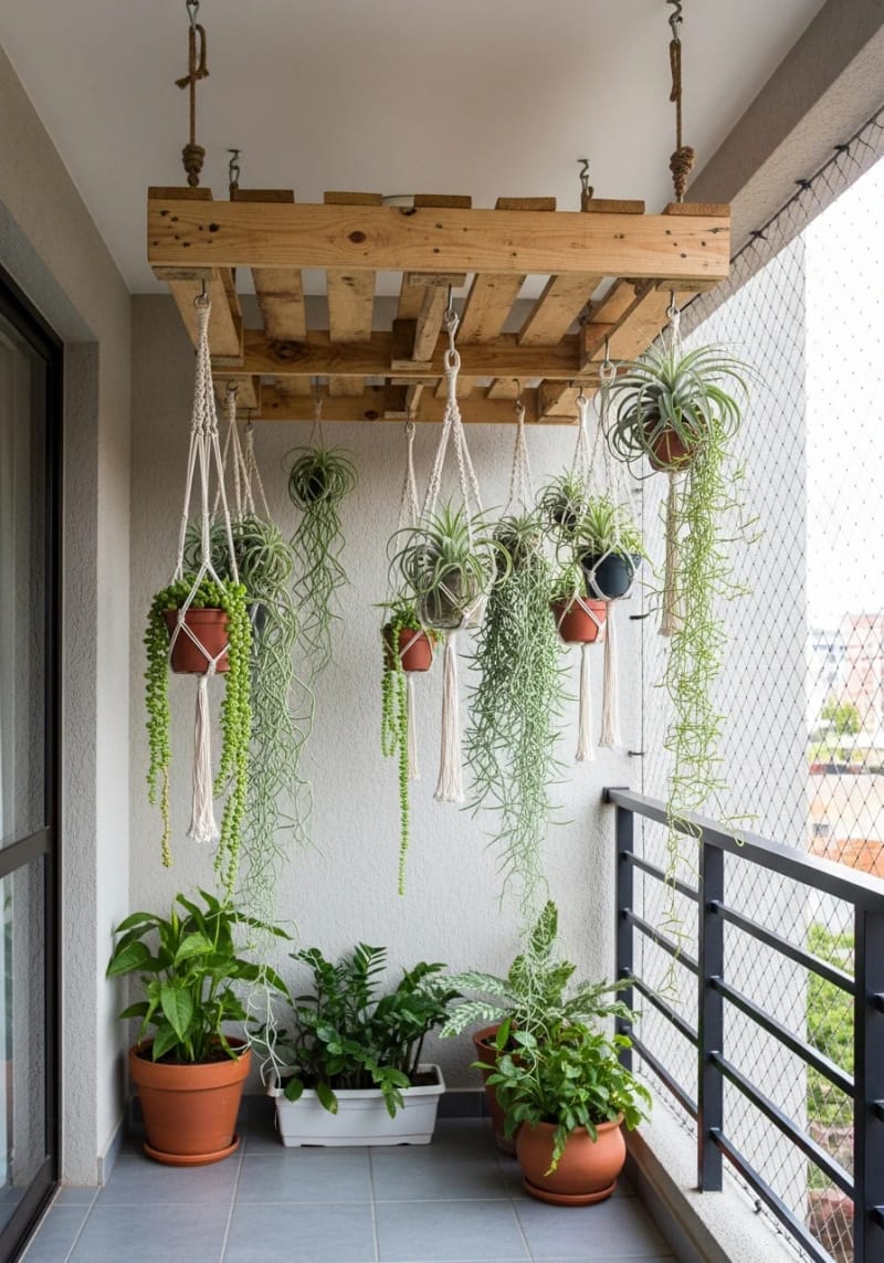 15 unique balcony with hanging plants for urban rooms 24 DIY pallets ceiling shelf for follow -up succulents and air plants 1