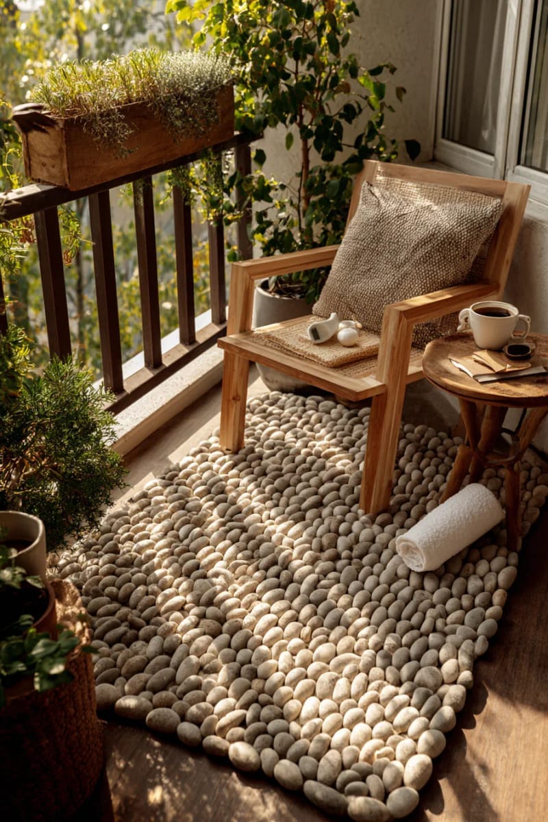25 gemütliche kleine Balkondesign -Ideen, um Ihren Raum zu erhöhen 80 DIY-Kieselmatte für ein Spa-ähnlicher Barfußerlebnis 1
