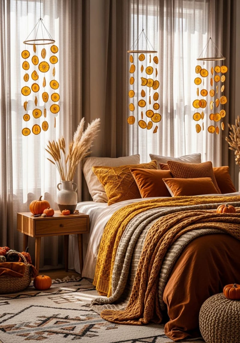 21 Cozy autumn bedroom decoration ideas to try this autumn 5 Dried orange panes that hang on curtain rods 1